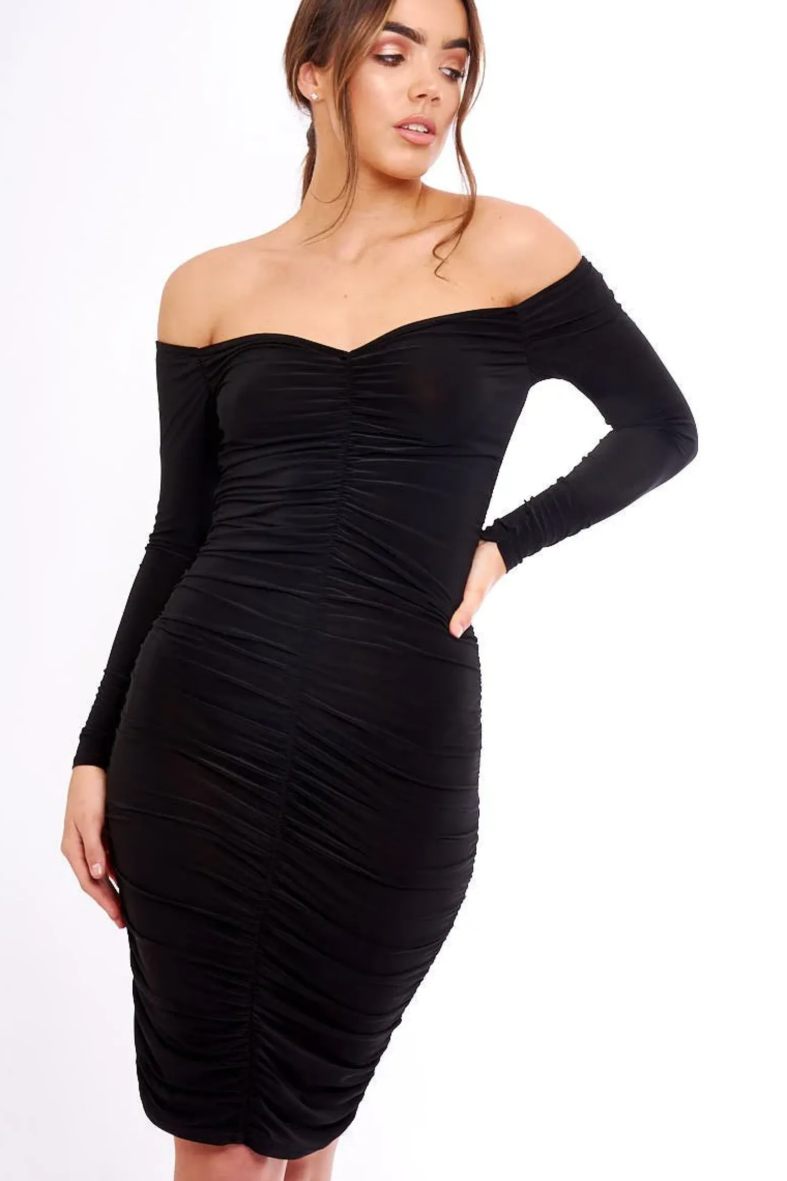 Rebellious Fashion Black Ruched Slinky Bardot Midi Dress - Myla