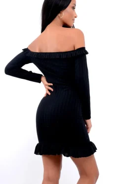 Rebellious Fashion Black Ruffle Hem Ribbed Bardot Mini Dress - Destiny