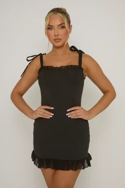 Rebellious Fashion Black Ruffle Hem Tie Shoulder Mini Dress - Carol