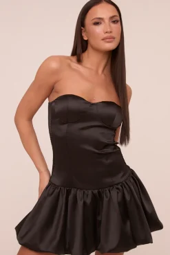 Rebellious Fashion Black Satin Bandeau Puffball Mini Dress - Stacy