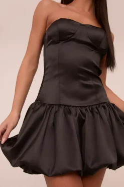 Rebellious Fashion Black Satin Bandeau Puffball Mini Dress - Stacy