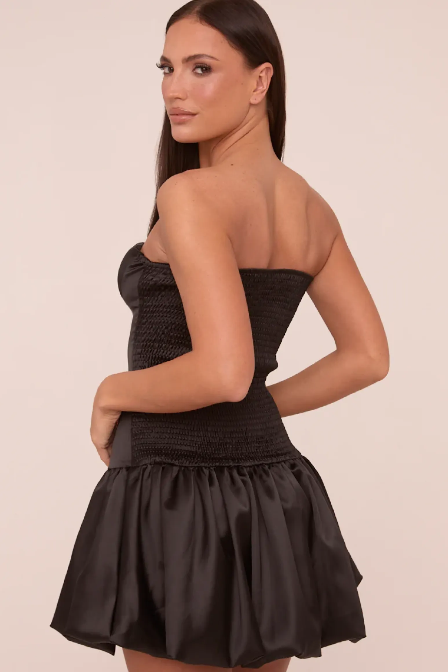 Rebellious Fashion Black Satin Bandeau Puffball Mini Dress - Stacy