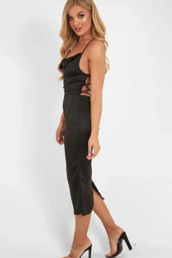 Rebellious Fashion Black Satin Cowl Neck Midi Bodycon Dress - Liliana