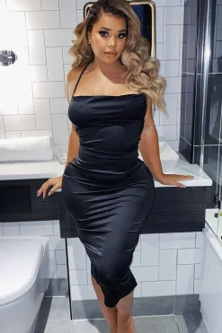 Rebellious Fashion Black Satin Cowl Neck Midi Bodycon Dress - Liliana