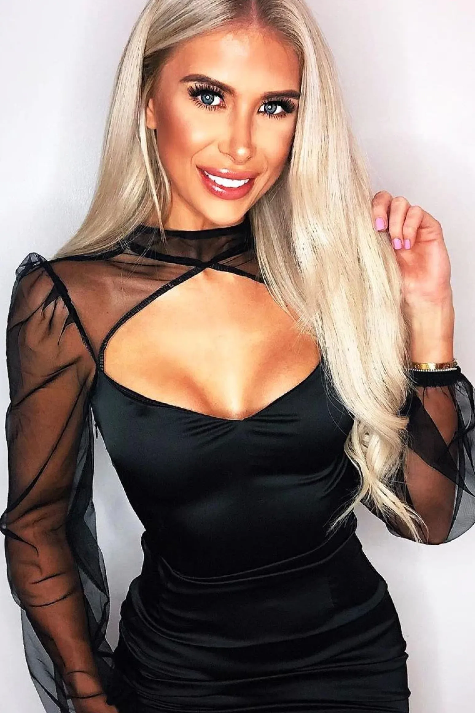 Rebellious Fashion Black Satin Cut Out Mesh Long Sleeve Dress - Haillie