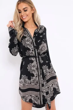 Rebellious Fashion Black Satin Paisley Print Button Front Shirt Dress - Hailie