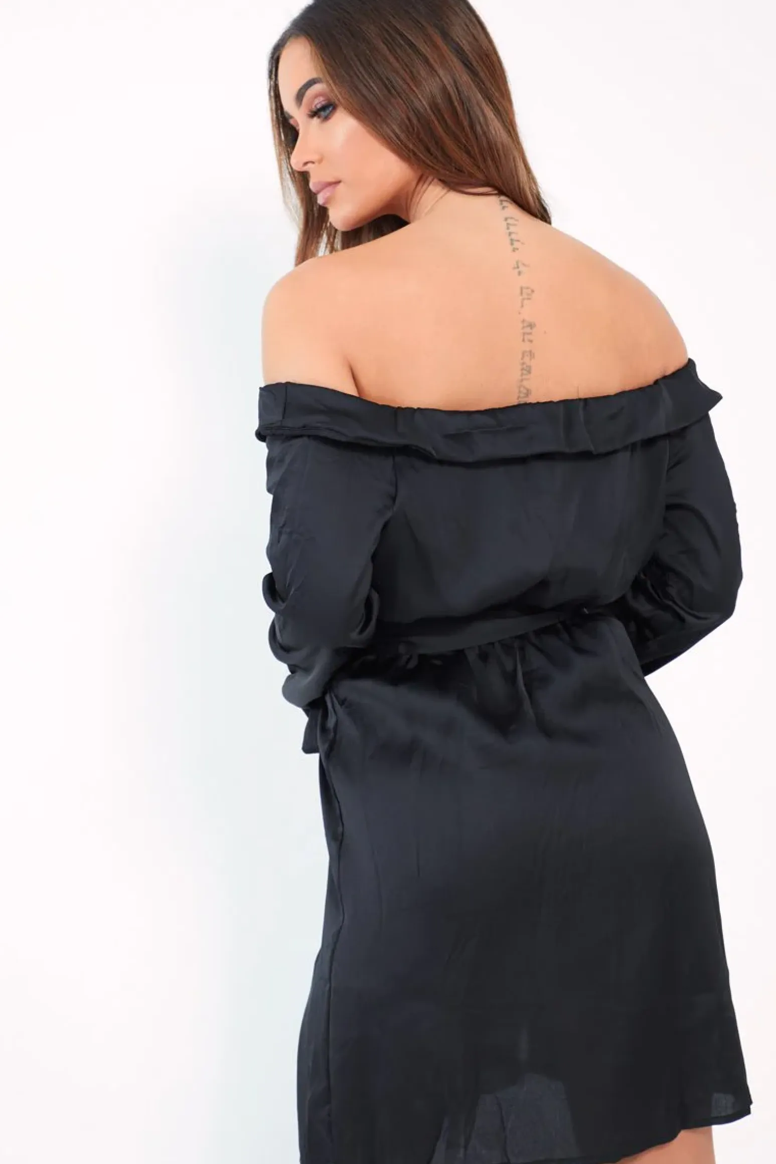 Rebellious Fashion Black Satin Plunge Tie Waist Shirt Dress - Coletta