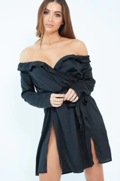 Rebellious Fashion Black Satin Plunge Tie Waist Shirt Dress - Coletta