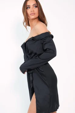 Rebellious Fashion Black Satin Plunge Tie Waist Shirt Dress - Coletta