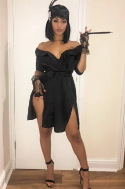 Rebellious Fashion Black Satin Plunge Tie Waist Shirt Dress - Coletta
