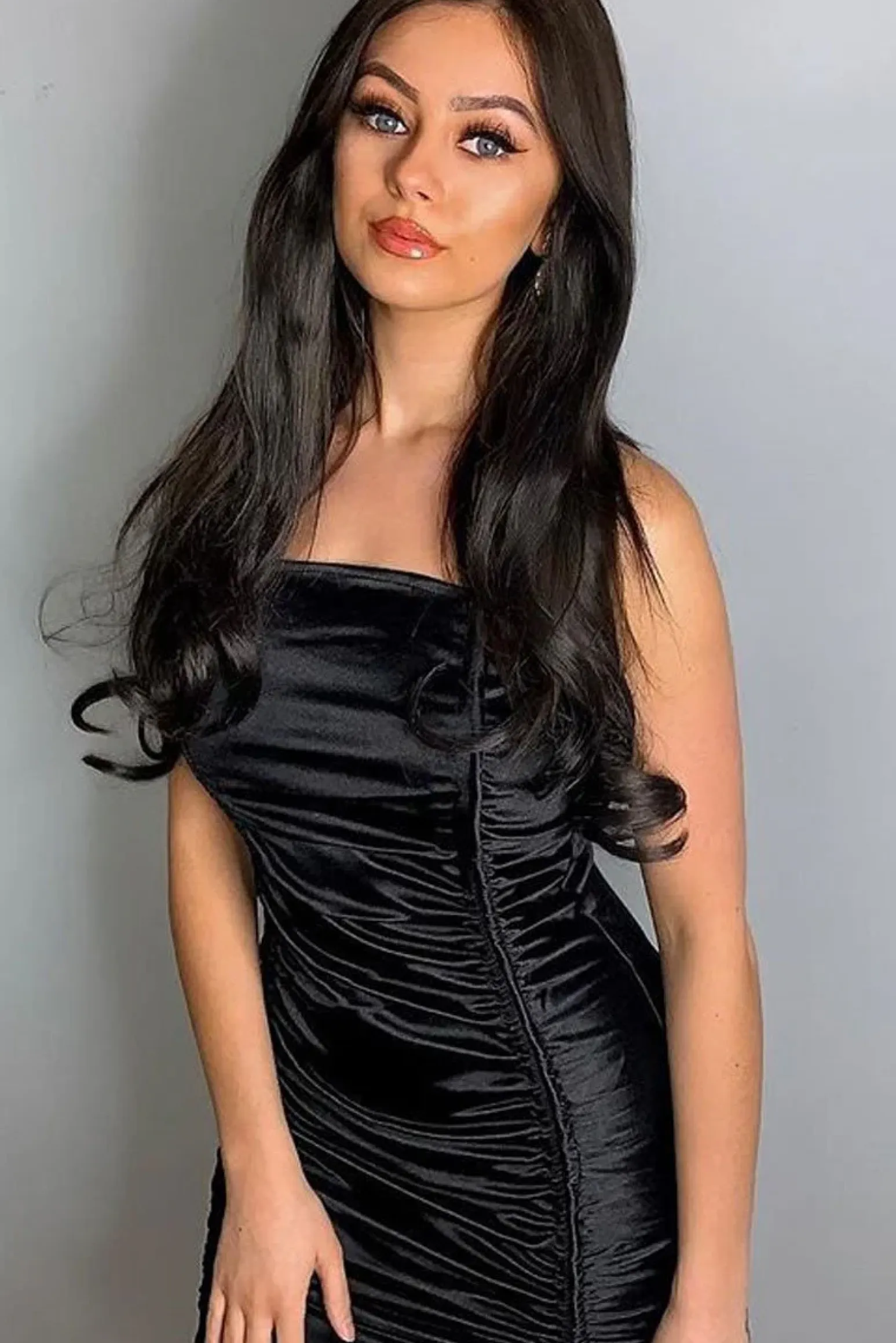 Rebellious Fashion Black Satin Ruched Front Mini Dress - Delsie