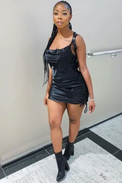 Rebellious Fashion Black Satin Ruched Side Slip Bodycon Dress - Davie