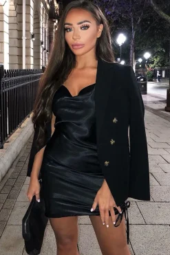 Rebellious Fashion Black Satin Ruched Side Slip Bodycon Dress - Davie