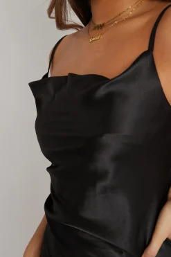 Rebellious Fashion Black Satin Ruched Side Slip Bodycon Dress - Davie