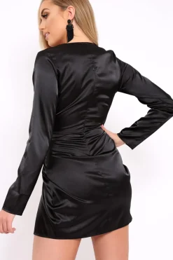 Rebellious Fashion Black Satin Twist Front Dress - Aaris