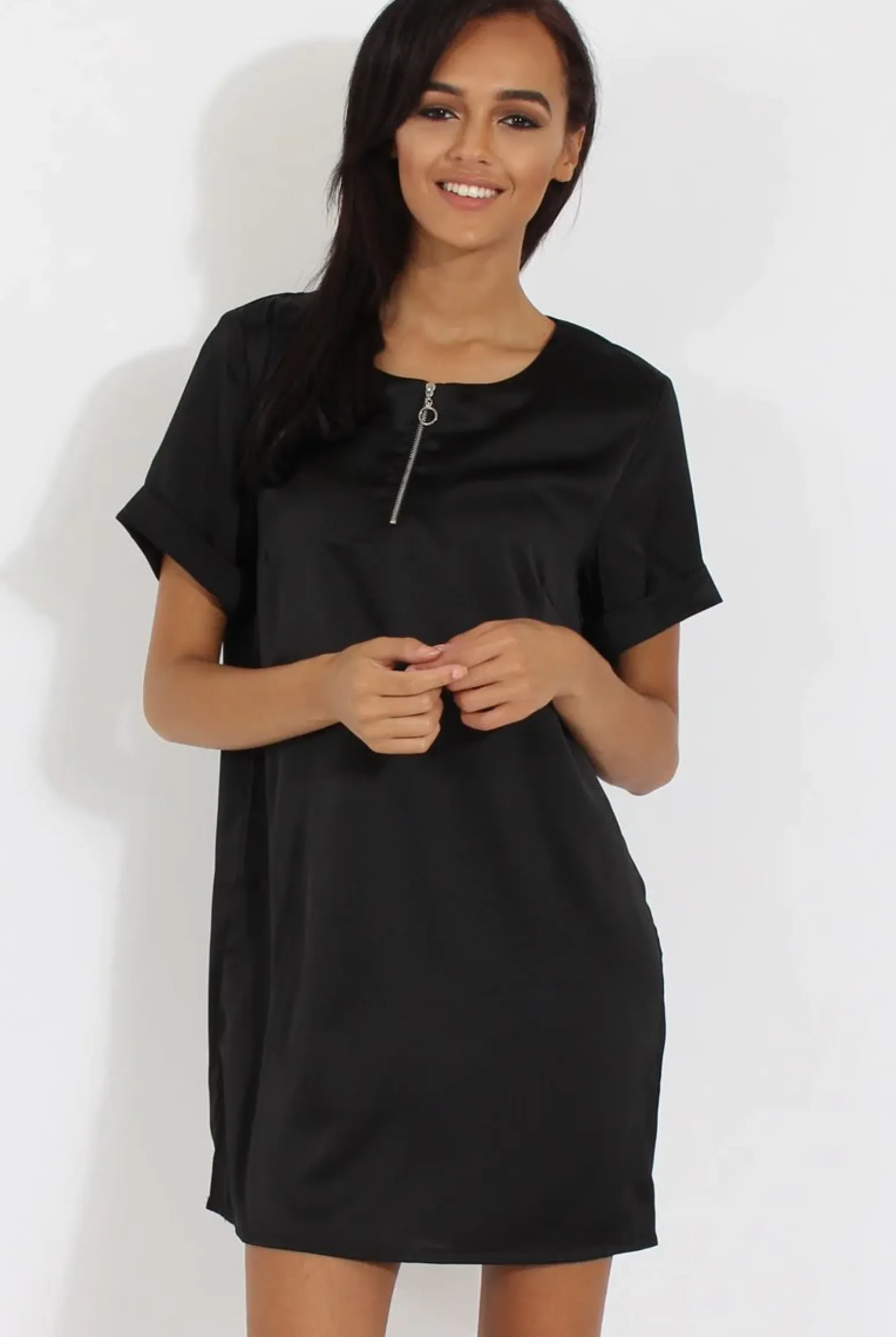 Rebellious Fashion Black Satin Zip Tee Dress - Valeria