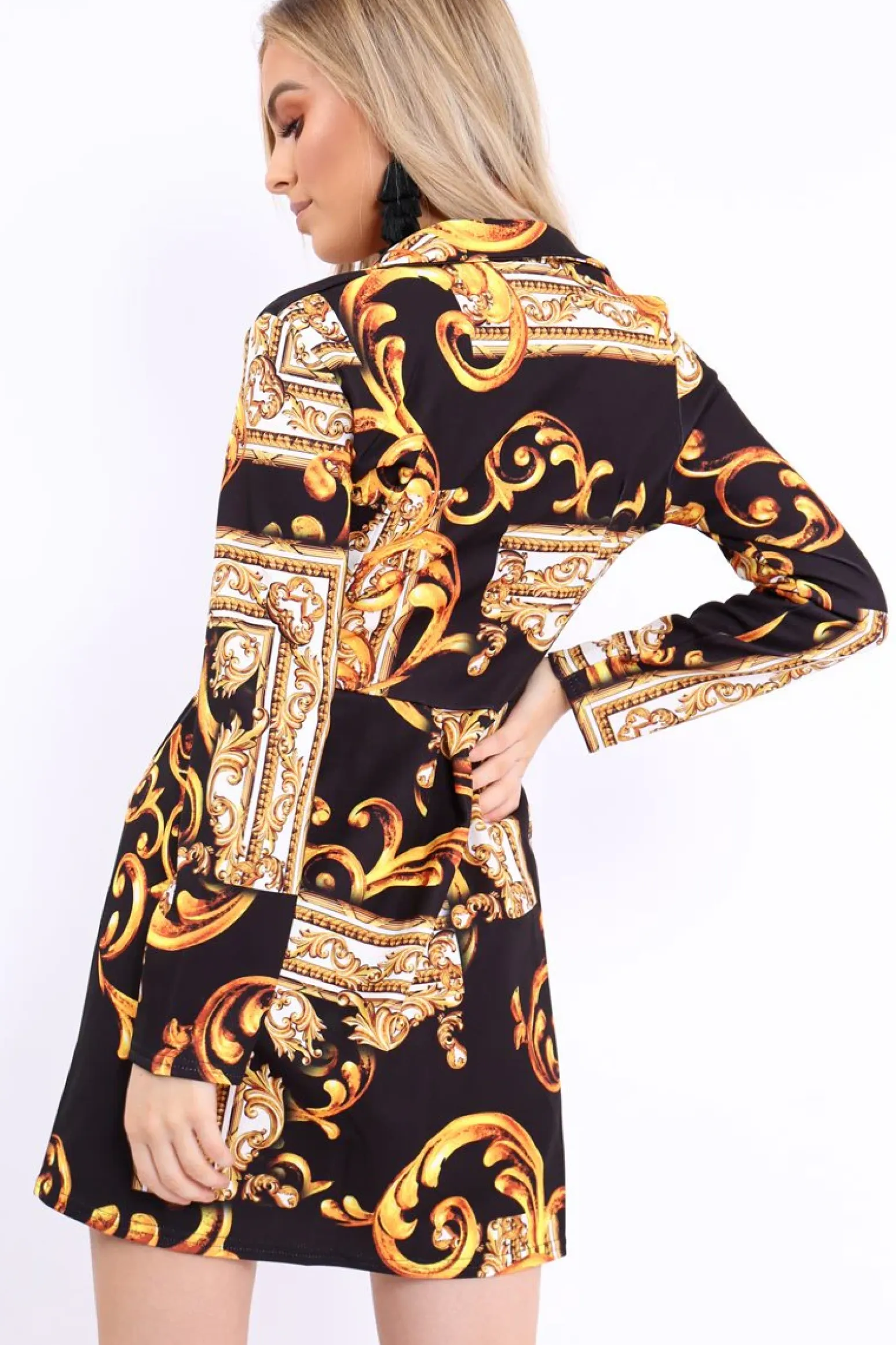 Rebellious Fashion Black Scarf Print Button Detail Blazer Dress - Hannah