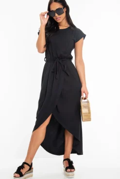Rebellious Fashion Black Scoop Neck Belted Wrap Maxi Dress - Allie