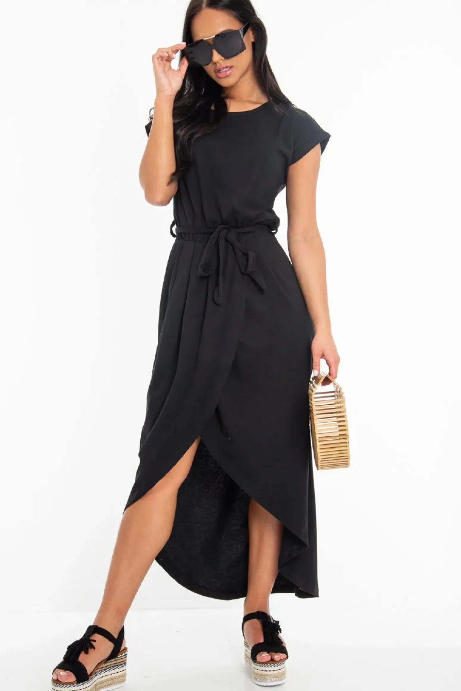 Rebellious Fashion Black Scoop Neck Belted Wrap Maxi Dress - Allie