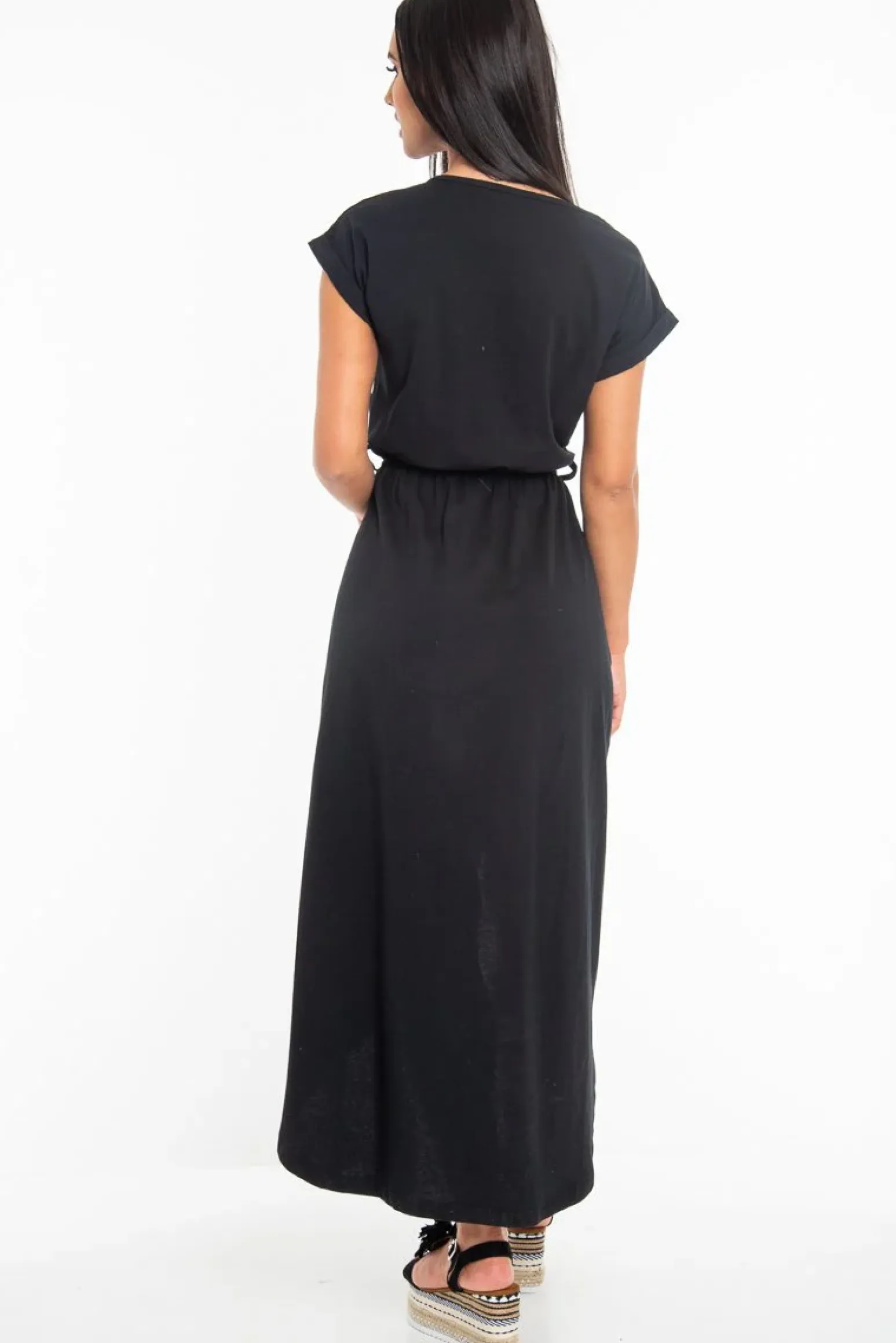 Rebellious Fashion Black Scoop Neck Belted Wrap Maxi Dress - Allie