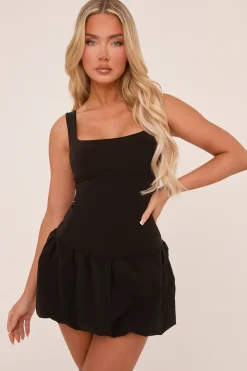 Rebellious Fashion Black Scoop Neck Puffball Mini Dress - Alyssa