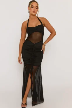 Rebellious Fashion Black Semi Sheer Ruffle Front Mesh Maxi Dress - Arisha