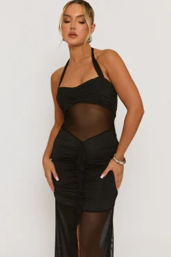 Rebellious Fashion Black Semi Sheer Ruffle Front Mesh Maxi Dress - Arisha