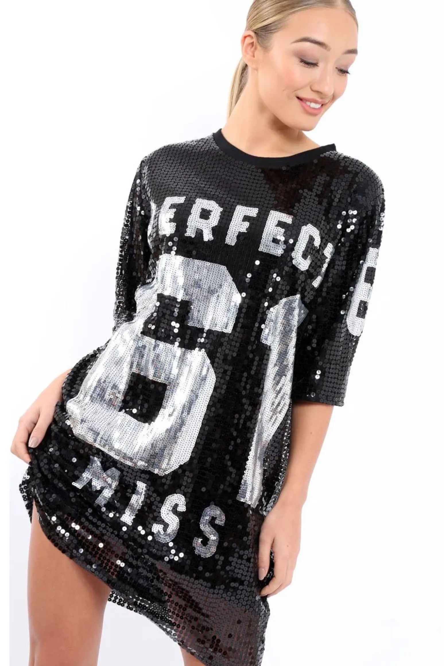 Rebellious Fashion Black Sequin Miss Perfect 61 Tshirt Dress - Ysabelle