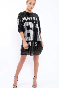 Rebellious Fashion Black Sequin Miss Perfect 61 Tshirt Dress - Ysabelle