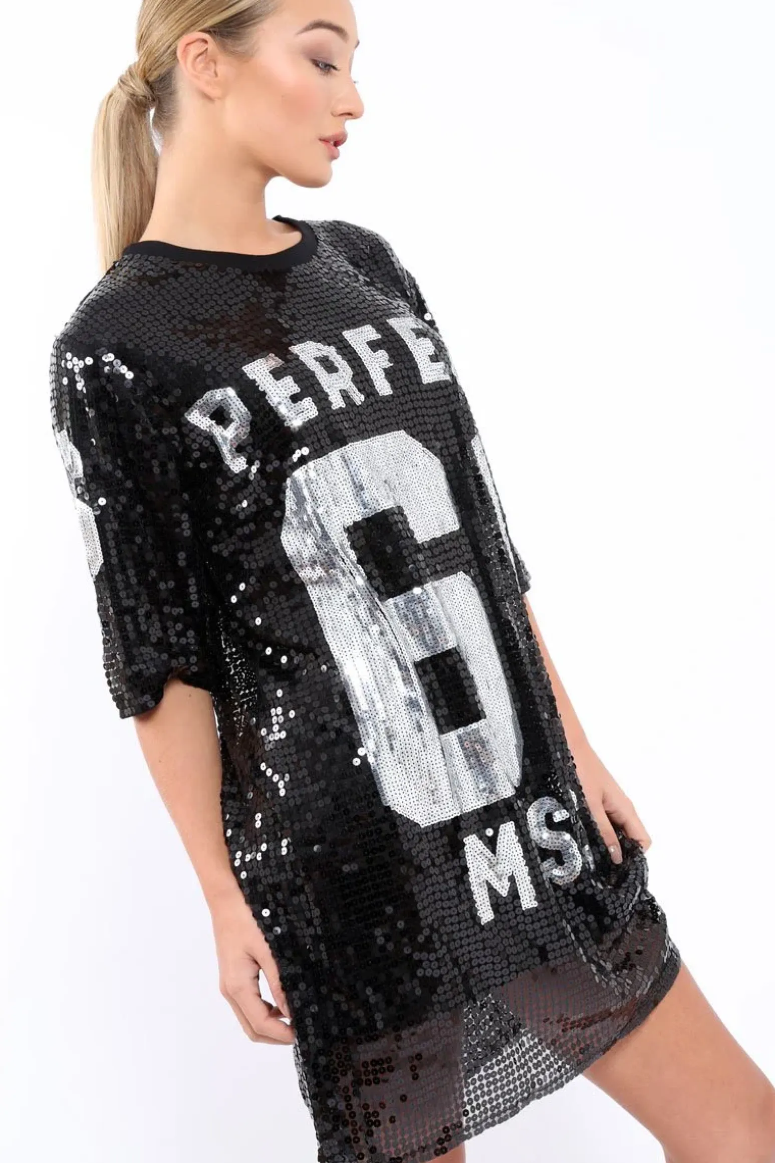 Rebellious Fashion Black Sequin Miss Perfect 61 Tshirt Dress - Ysabelle