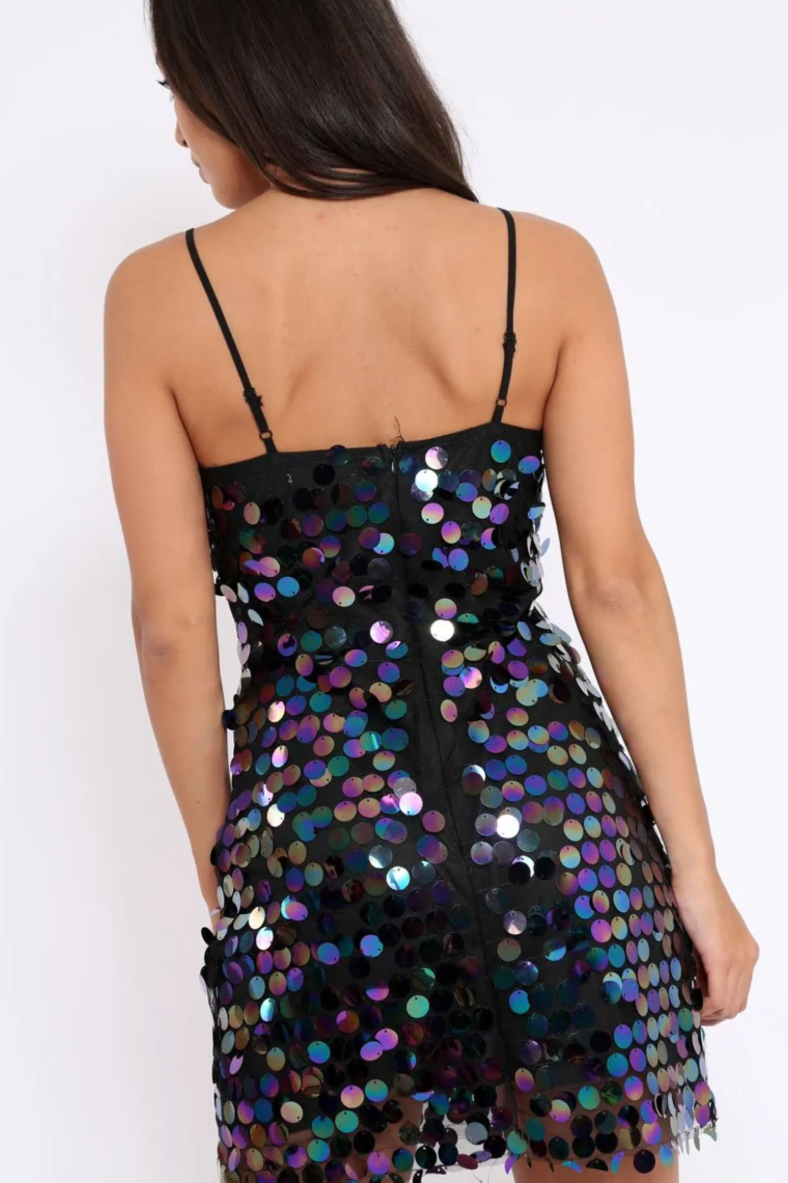Rebellious Fashion Black Sequin Plunge Neck Dress - Joanna