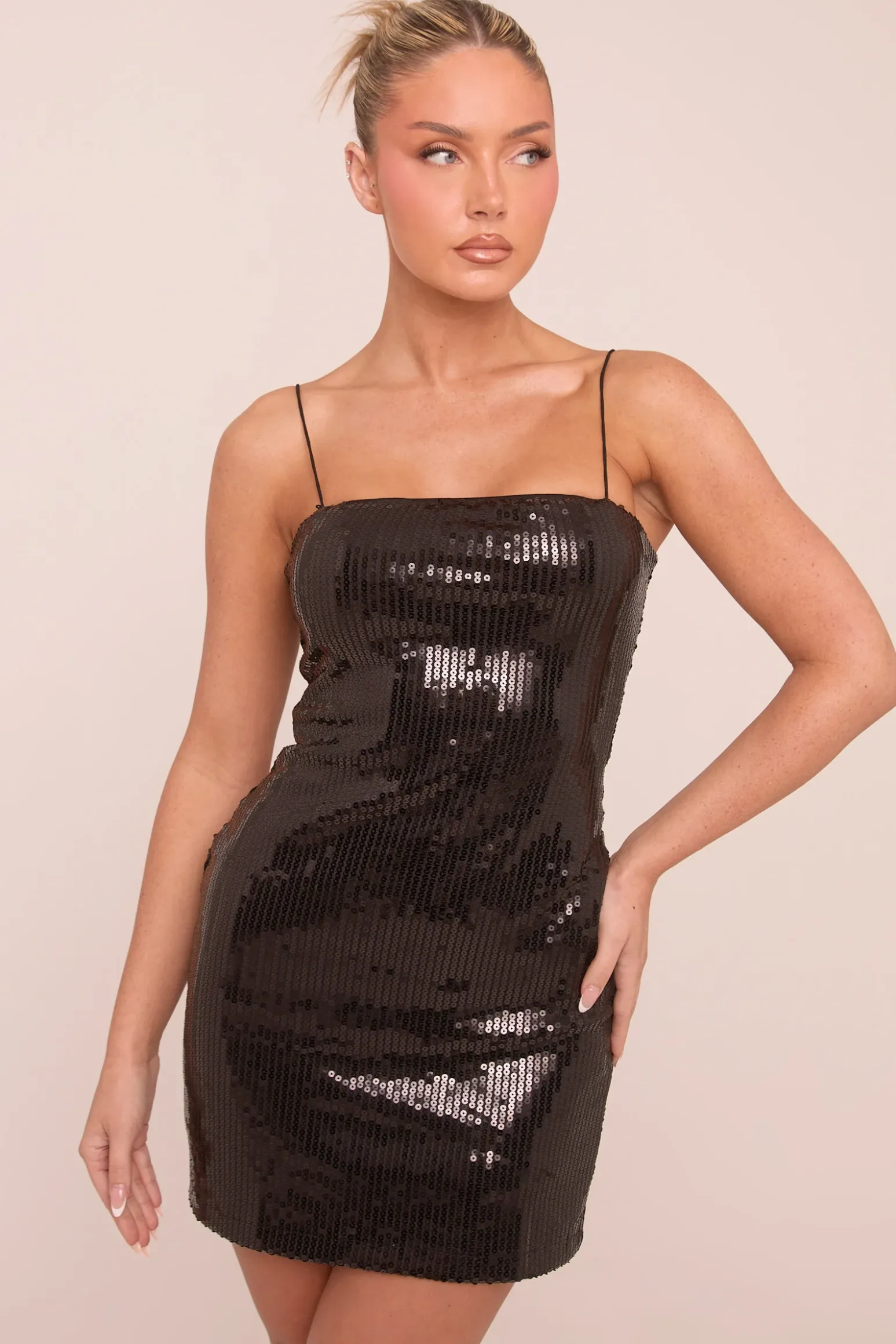 Rebellious Fashion Black Sequin Shoulder Strap Mini Dress - Miliana