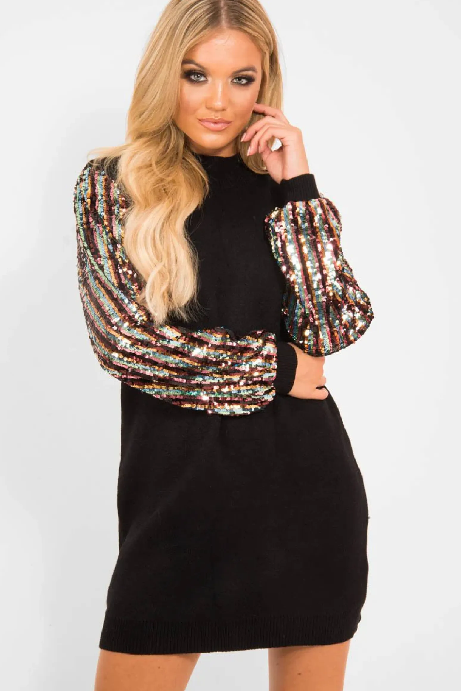 Rebellious Fashion Black Sequin Sleeve Jumper Dress - Moniece