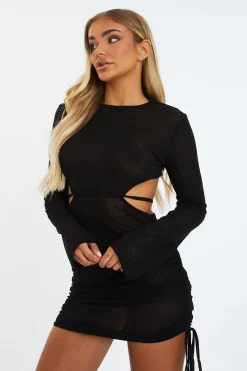 Rebellious Fashion Black Sheer Cut Out Side Ruched Mini Dress - Emma