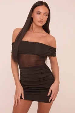 Rebellious Fashion Black Sheer Panel Bardot Mini Dress - Melissa