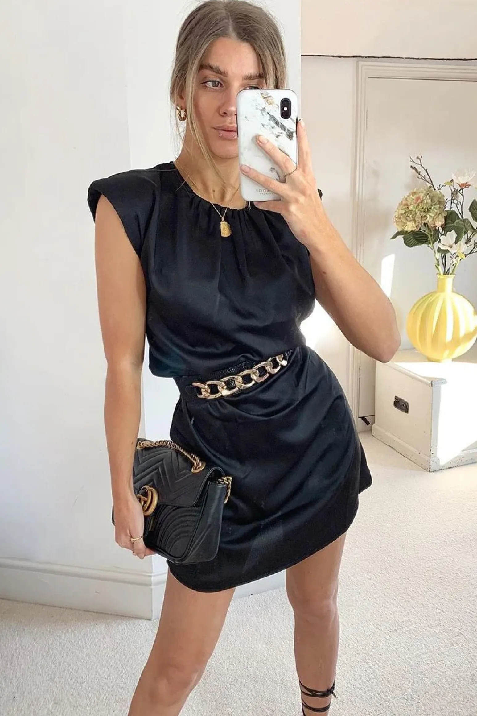 Rebellious Fashion Black Shoulder Pad Detail Satin Mini Dress - Delpha