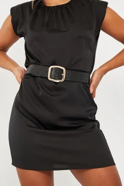 Rebellious Fashion Black Shoulder Pad Detail Satin Mini Dress - Delpha