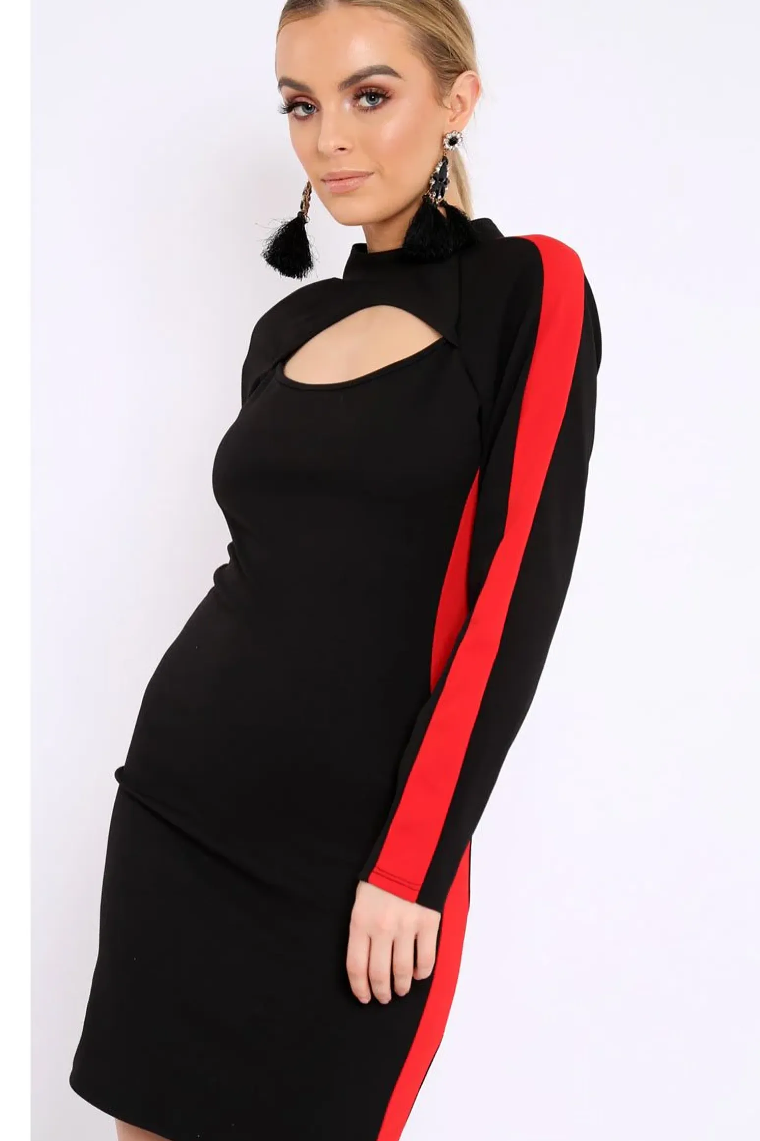 Rebellious Fashion Black Side Red Striped Cut Out Dress - Layia