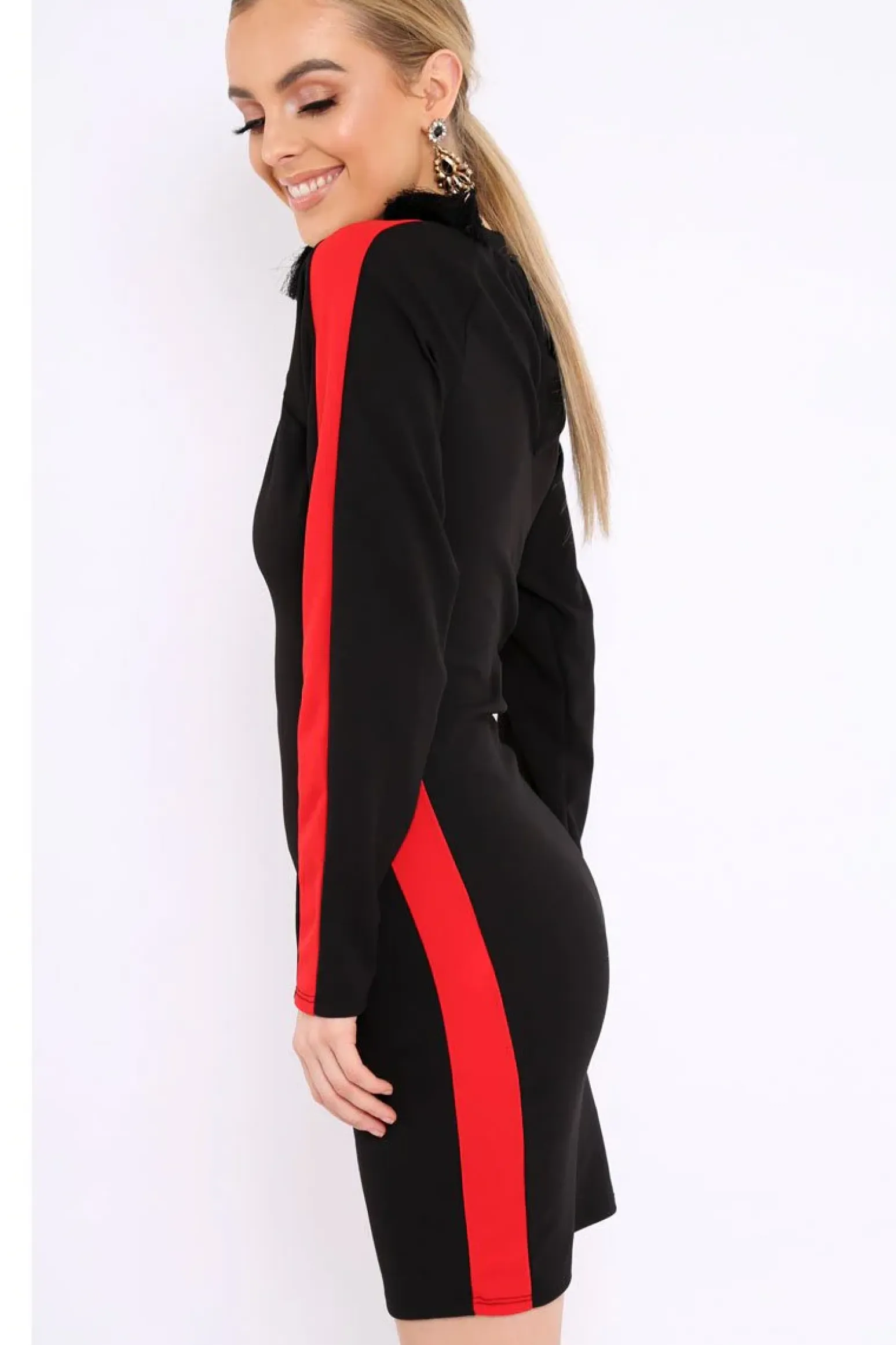 Rebellious Fashion Black Side Red Striped Cut Out Dress - Layia