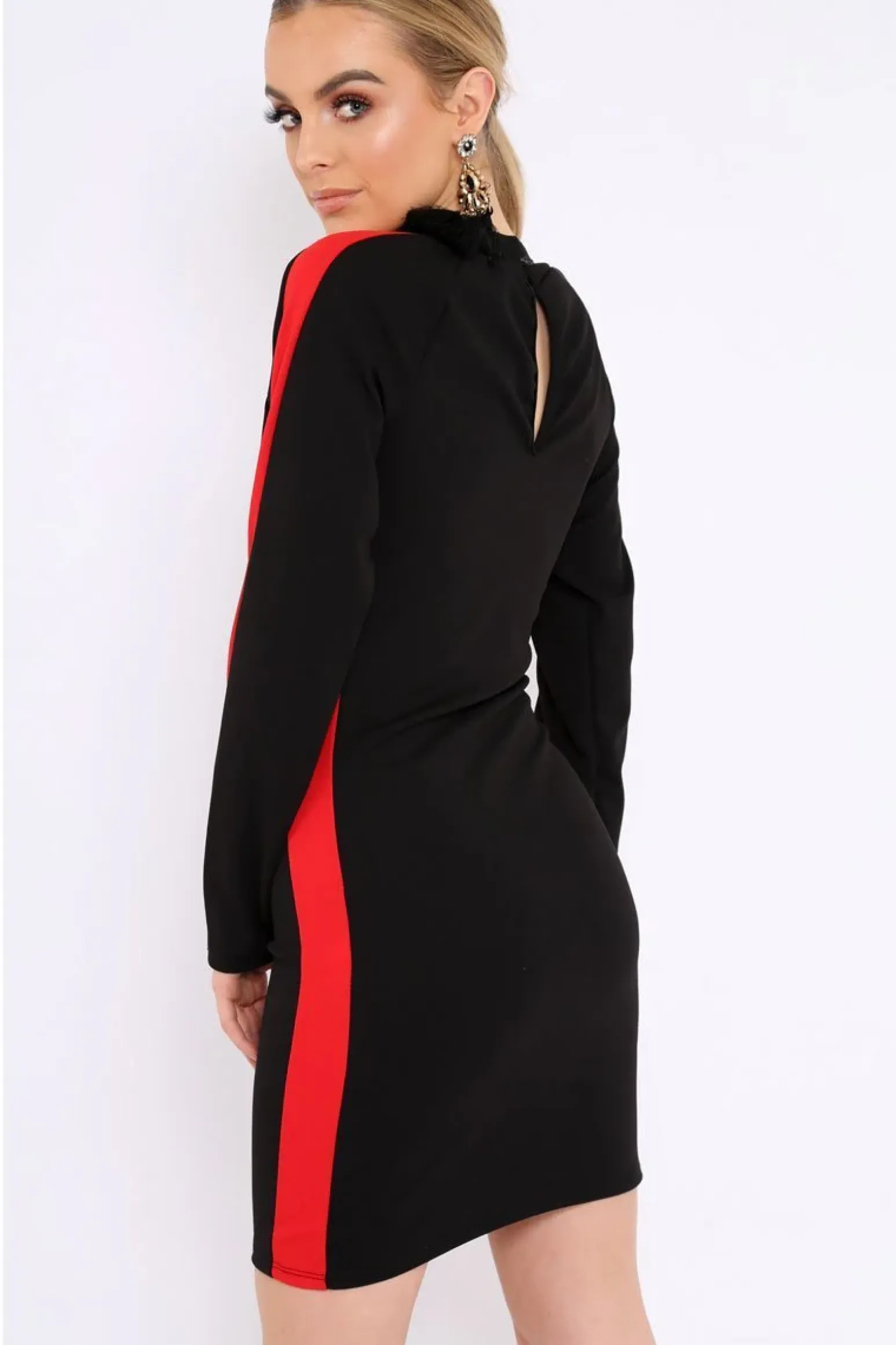 Rebellious Fashion Black Side Red Striped Cut Out Dress - Layia
