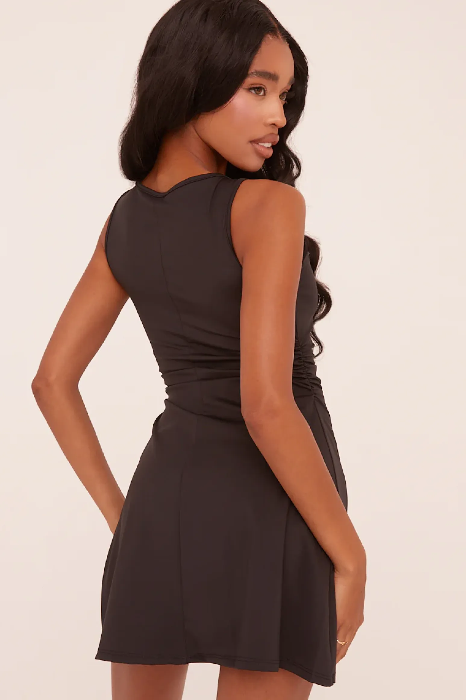 Rebellious Fashion Black Side Ruched Boat Neck Sleeveless Mini Dress - Brayli