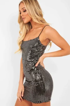 Rebellious Fashion Black Silver Sequin Cami Bodycon Dress - Makira
