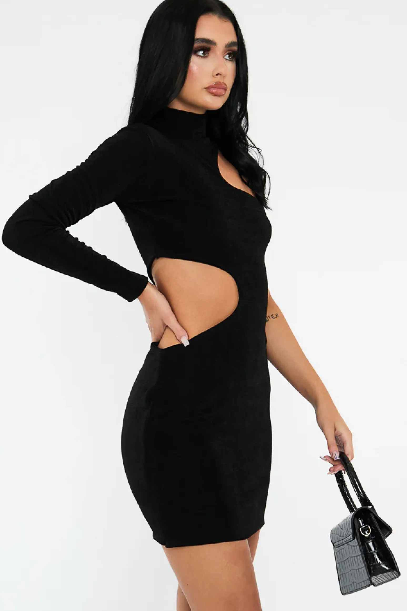 Rebellious Fashion Black Slinky Cut Out One Sleeve Mini Dress - Rubee