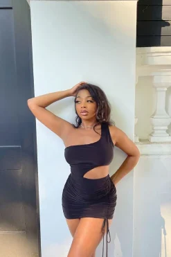 Rebellious Fashion Black Slinky One Shoulder Cut Out Dress - Semira