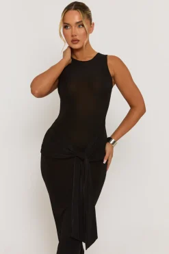 Rebellious Fashion Black Slinky Racer Neck Tie Front Midaxi Dress - Azalaya