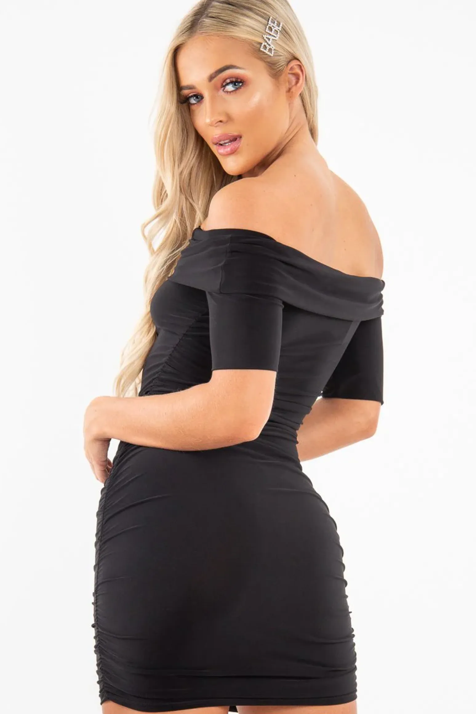 Rebellious Fashion Black Slinky Ruched Bardot Mini Dress - Sicily