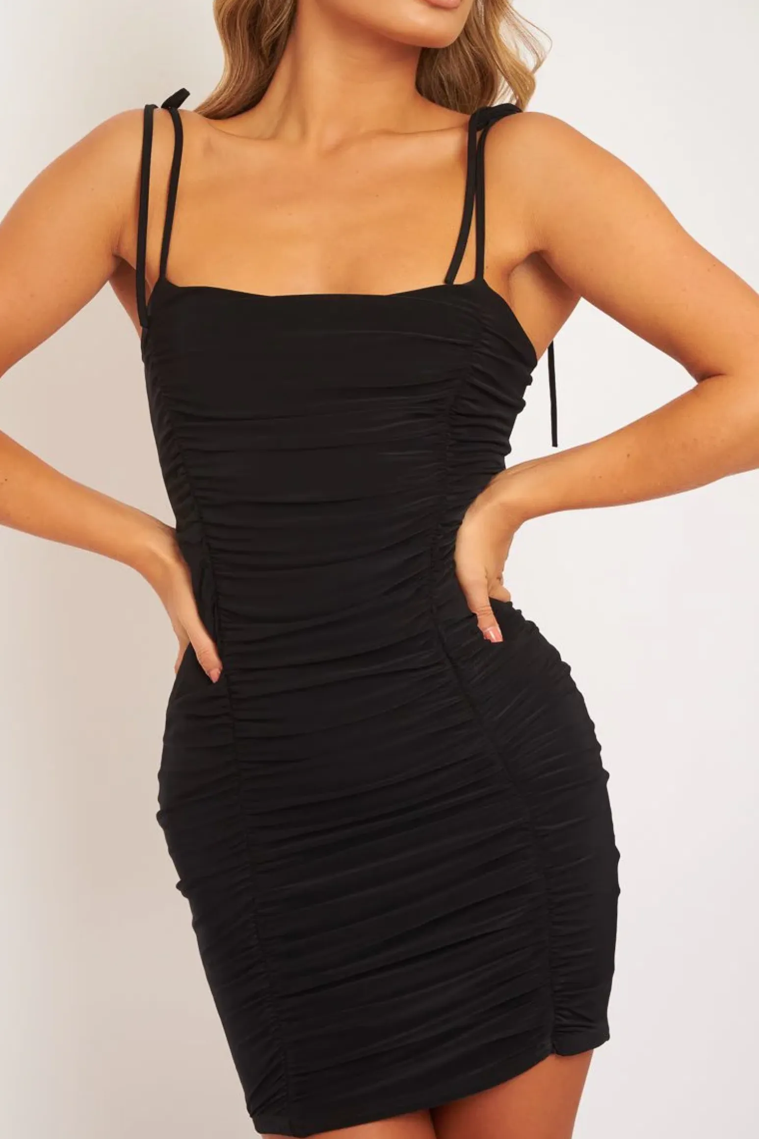 Rebellious Fashion Black Slinky Ruched Tie Strap Bodycon Dress - Caressa