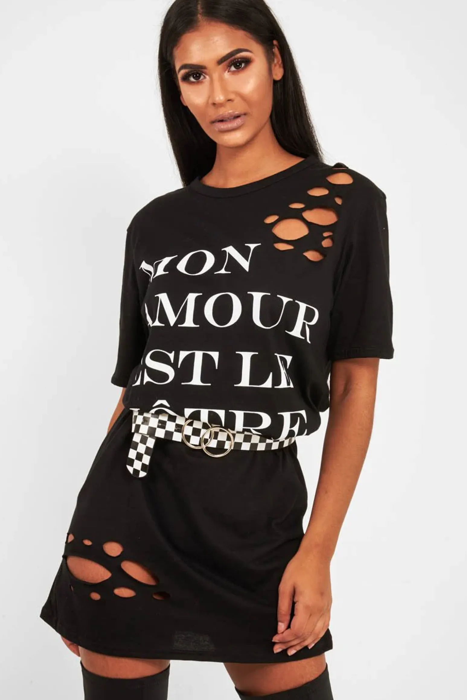 Rebellious Fashion Black Slogan Distressed T-Shirt Dress - Ashlen