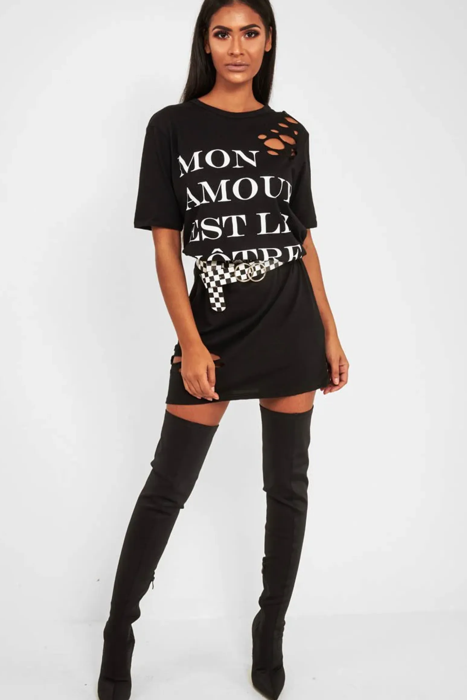 Rebellious Fashion Black Slogan Distressed T-Shirt Dress - Ashlen