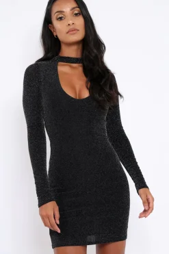 Rebellious Fashion Black Sparkle Choker Neck Mini Dress - Kardie